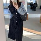 Long-sleeve Button-up Denim Panel Midi Dress