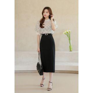 Belted Textured Long Pencil Skirt