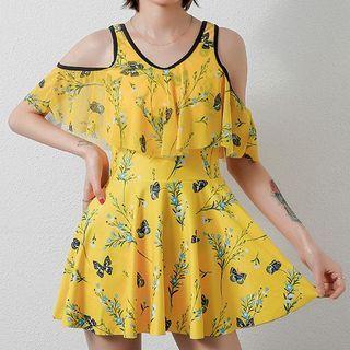 Set: Cold-shoulder Floral Swimdress + Shorts