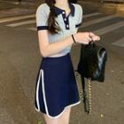 Set: Short-sleeve Polo Shirt + A-line Skirt Set Of 2 - Polo Shirt & A-line Skirt - Light Grayish Blue & Dark Blue - One Size