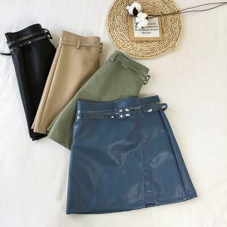 A-line Faux Leather Mini Skirt With Belt