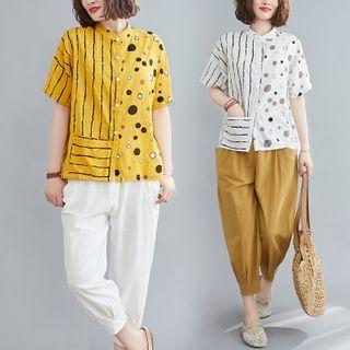 Set : Dotted Panel Striped Shirt + Plain Cropped Pants