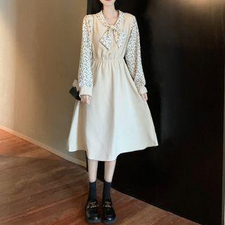 Long-sleeve Floral Printed Tie-neck Mock Two-piece Dress