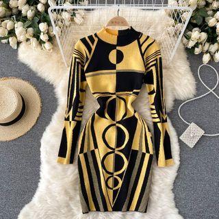 Round-neck Geometric Color Block Long-sleeve Dress