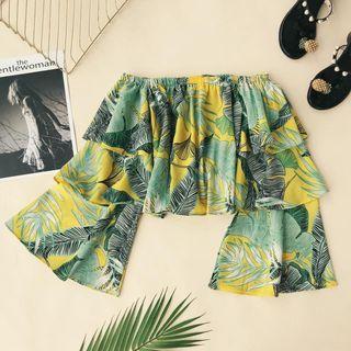 Off-shoulder Leaf Print Ruffle Cropped Chiffon Blouse