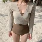 Set: Long-sleeve V-neck Crop Swim Top + Spaghetti-strap Swimsuit