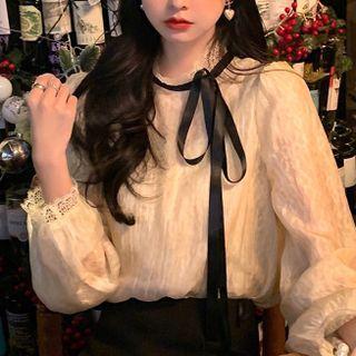 Set: Long-sleeve Bow-neck Lace Trim Chiffon Blouse + Camisole Top