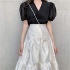 Puff-sleeve Plain Shirt / High-waist Glitter Plain Skirt