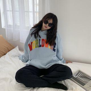 Letter Embroidered Hoodie Grayish Blue - One Size