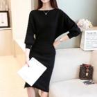 Set : Long-sleeve Knit Top + Midi Skirt