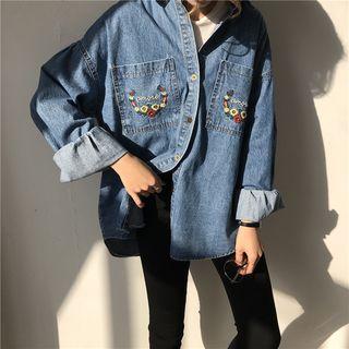 Floral Embroidered Denim Shirt As Shown In Figure - One Size
