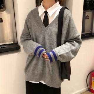 Long-sleeve Tie-neck Shirt / Contrast-lining Sweater
