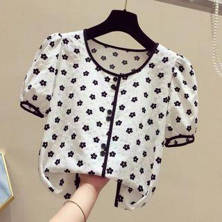 Puff-sleeve Flower Pattern Button Top