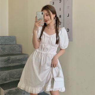 Puff-sleeve Ruffle Trim Mini A-line Dress White - One Size