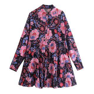 Flower Print A-line Shirt Dress