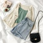 Pointelle Knit Cardigan / Ribbed Camisole Top / Washed Ripped Denim Shorts