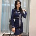 Long-sleeve Contrast Trim Knit Mini Bodycon Dress Blue - One Size