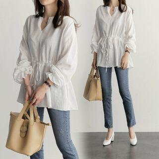 Plain Drawstring-waist Blouse White - One Size