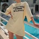 Elbow-sleeve Lettering T-shirt Light Yellow - One Size