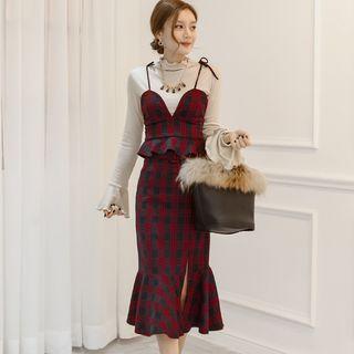 Set: Plaid Peplum Camisole Top + Slit Ruffle Hem Midi Skirt
