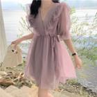 V-neck Ruffle Puff-sleeve Dress Purple - One Size