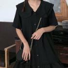 Ruffle Collar Open-placket Button A-line Dress Black - One Size