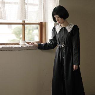 Set: Long-sleeve Lace Collar Midi A-line Shirt Dress + Belt