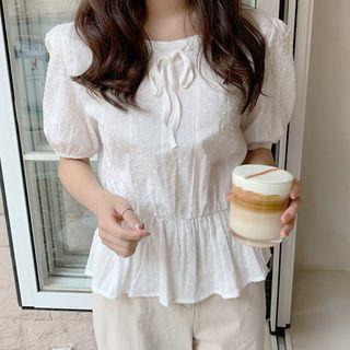 Beribboned Dotted Peplum Blouse