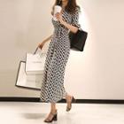 Elbow-sleeve Patterned Slit Maxi A-line Dress