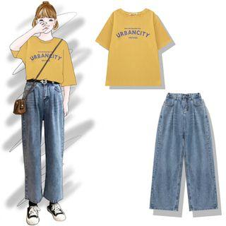 Lettering Short-sleeve T-shirt / Cropped Straight-fit Jeans