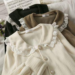 Peter Pan-collar Lace-trim Corduroy Shirt
