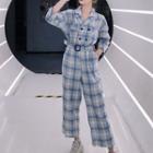 Plaid Double-breasted Jumpsuit Blue - One Size