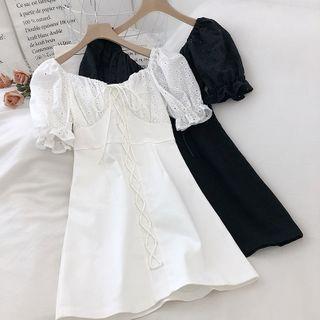 Plain Off-shoulder Puff-sleeve A-line Dress