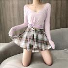Plain Long-sleeve Top / Plaid High-waist Skirt