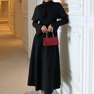 Mock-turtleneck Flared Cuff Midi A-line Dress