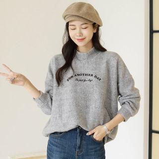 Mock-neck Letter-embroidered Knit Top