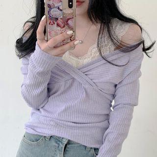 Cold-shoulder Lace Trim Ribbed Knit Top