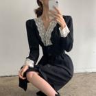 Long-sleeve Lace Trim Mini A-line Dress Black - One Size