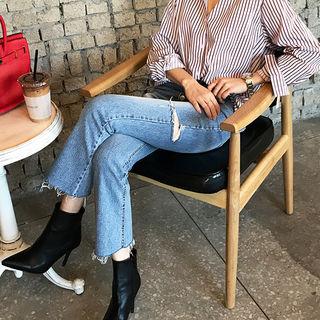 Distressed Washed Buttoned Boot-cut Jeans