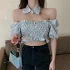 Off-shoulder Puff-sleeve Ruched Floral Print Cropped Top As Shown In Figure - One Size