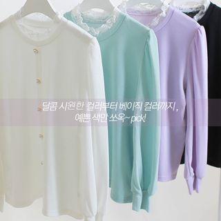 Laced Puff-sleeve Faux-pearl Buttoned Top