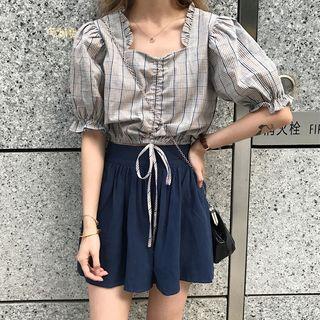 Plaid Short Sleeve Cropped Top / Plain Skort