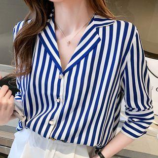 3/4-sleeve Open-collar Striped Chiffon Blouse