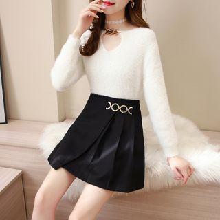 Set: Cutout Knit Top + Metal-accent Skirt