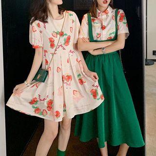 Short-sleeve Plain Crew-neck Print High-waist Midi A-line Dress