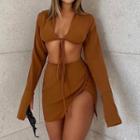 Set: Long-sleeve Collared Crop Top + Side-slit Mini Pencil Skirt