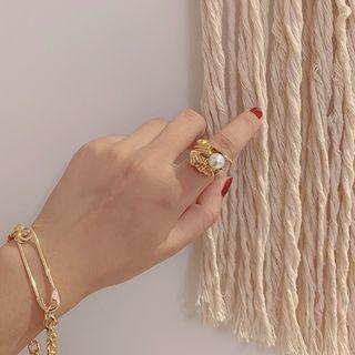 Faux Pearl Alloy Flower Ring Gold - One Size