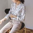 Notched-collar Floral Chiffon Blouse