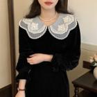 Long-sleeve Lace Collar Midi A-line Velvet Dress Black - One Size