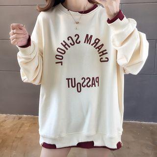 Long-sleeve Contrast Trim Lettering Top